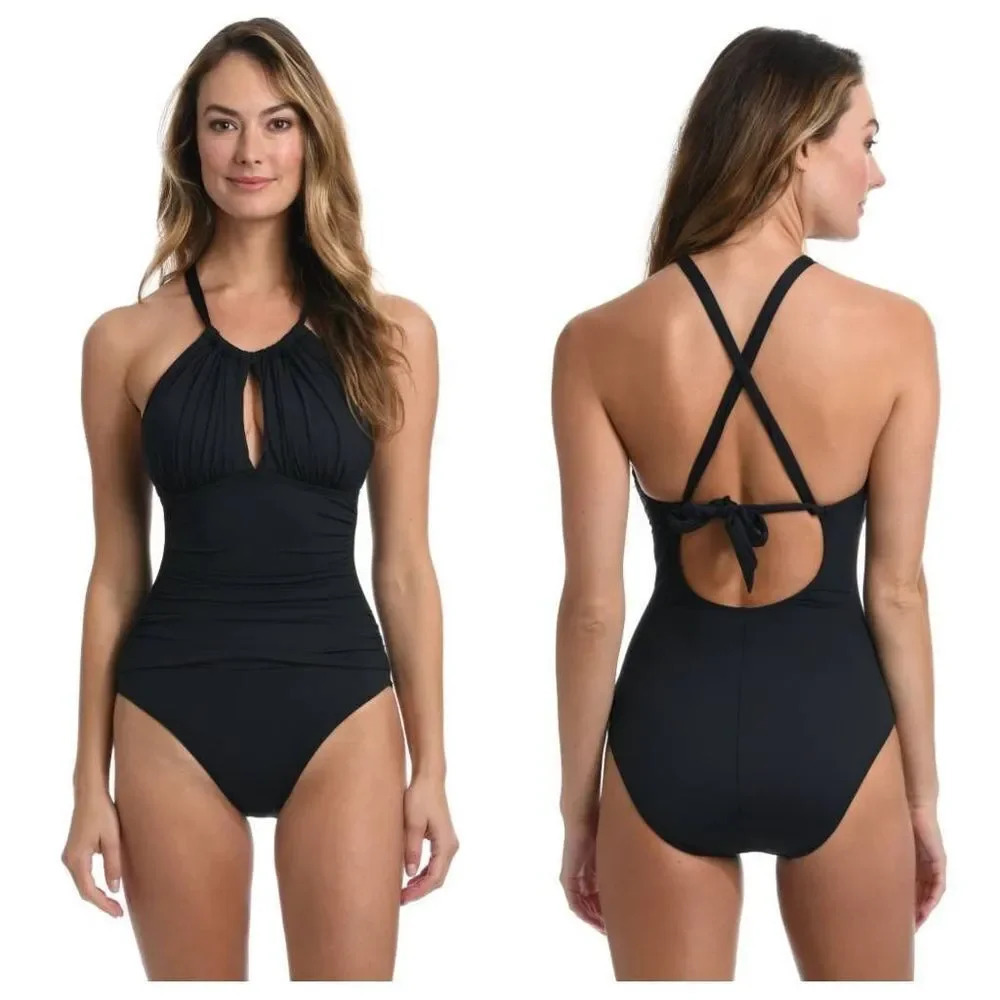 NWOT La Blanca Island Goddess High Neck Keyhole One Piece Sz 14 & 8